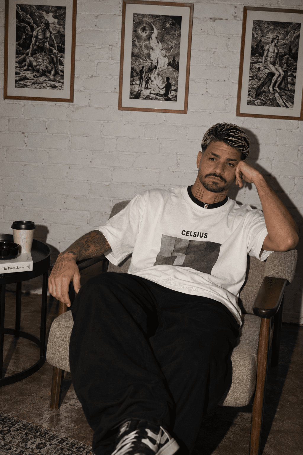 ORS LABEL look — Celsius tee and wide black pants, armchair setting